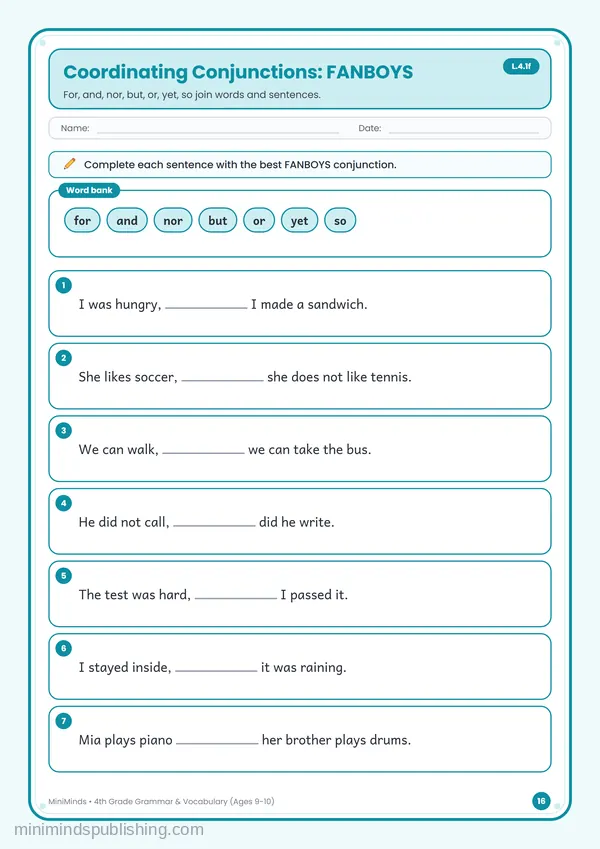 Coordinating Conjunctions: FANBOYS — free printable 4th Grade worksheet