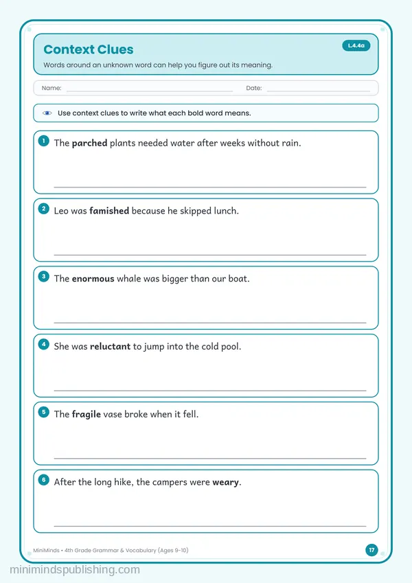 Context Clues — free printable 4th Grade worksheet