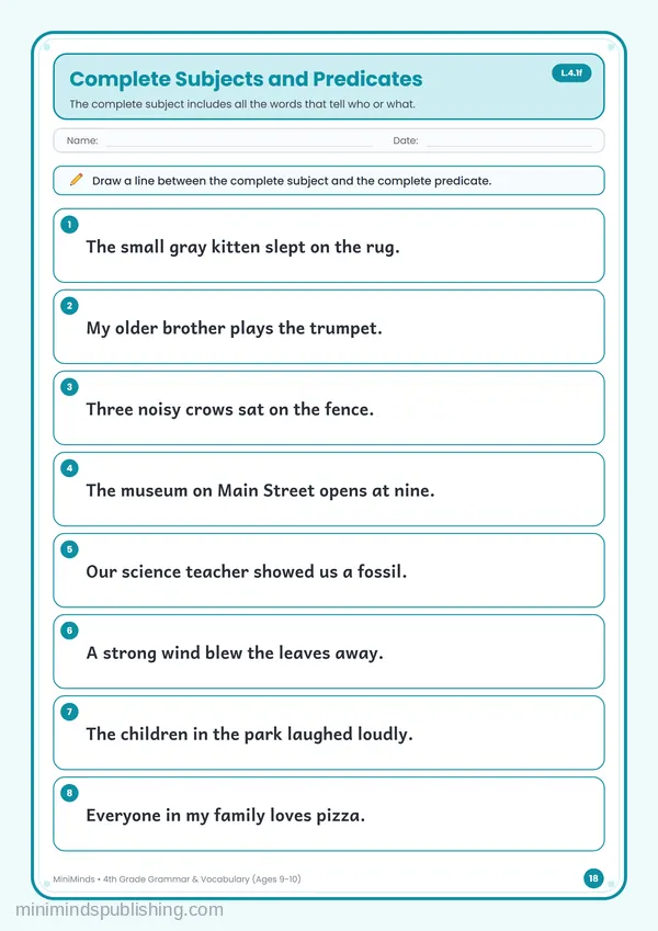 Complete Subjects and Predicates — free printable 4th Grade worksheet