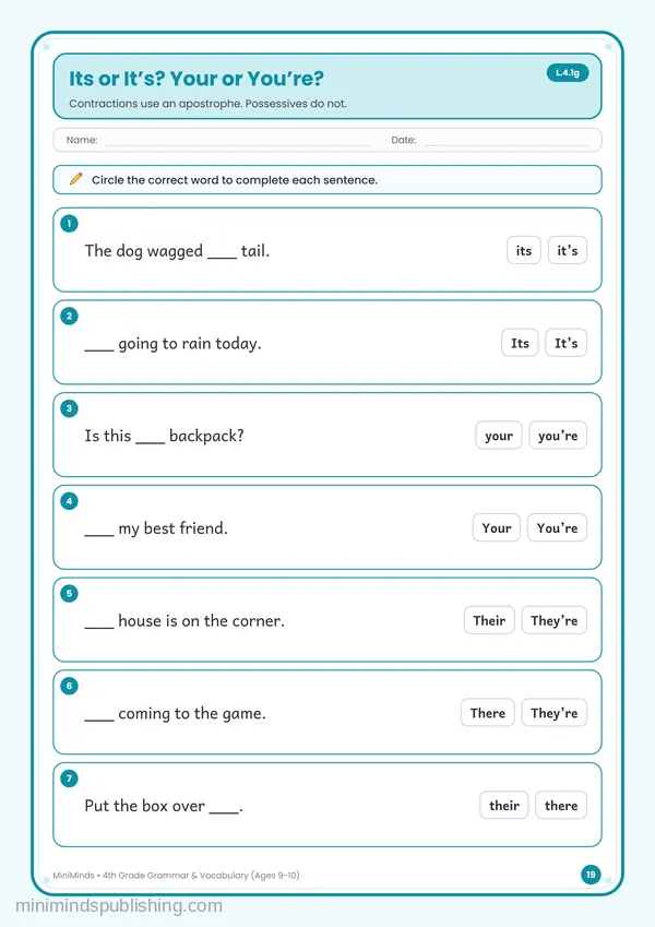 Its or It’s? Your or You’re? — free printable 4th Grade worksheet