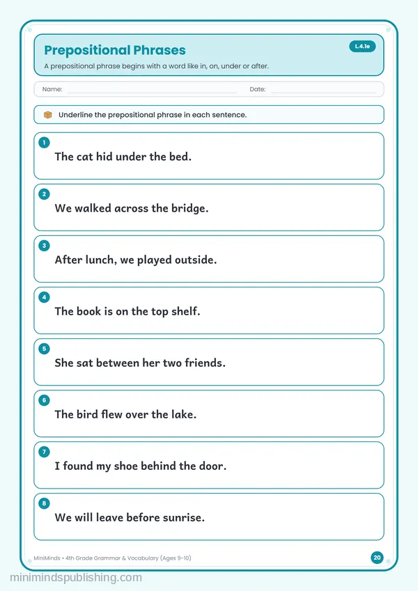 Prepositional Phrases — free printable 4th Grade worksheet
