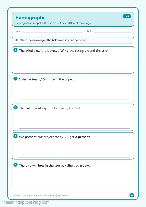 Homographs — free printable 4th Grade worksheet