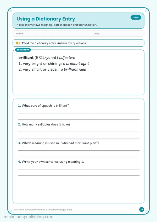 Using a Dictionary Entry — free printable 4th Grade worksheet