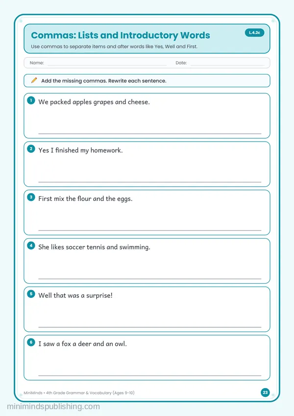 Commas: Lists and Introductory Words — free printable 4th Grade worksheet