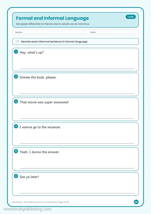 Formal and Informal Language — free printable 4th Grade worksheet