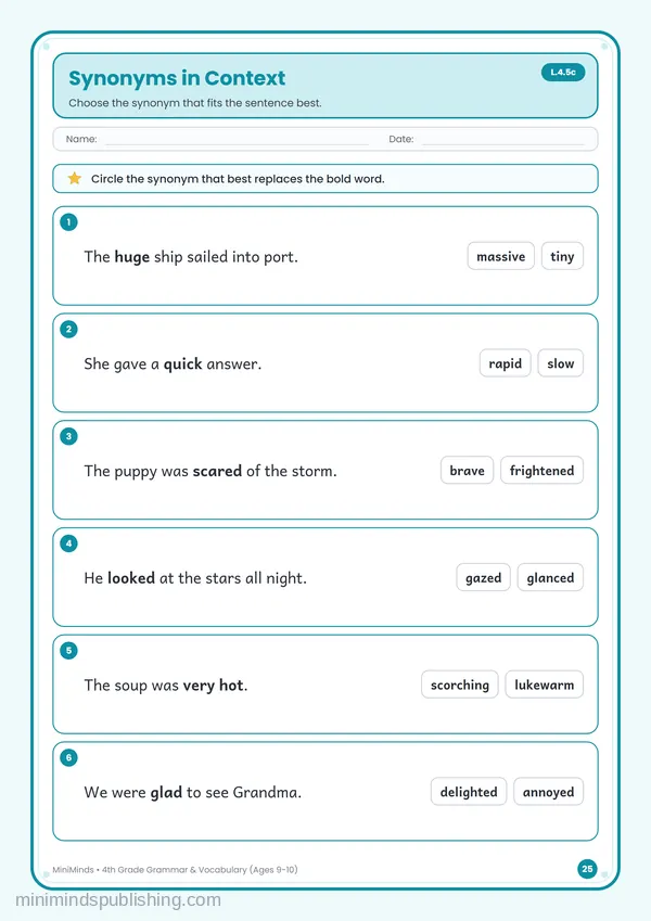 Synonyms in Context — free printable 4th Grade worksheet