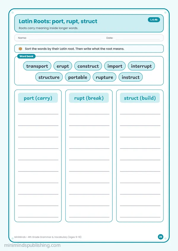 Latin Roots: port, rupt, struct — free printable 4th Grade worksheet