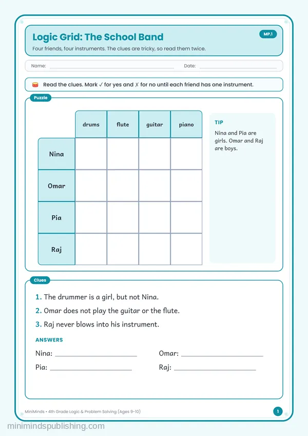 Logic Grid: The School Band — free printable 4th Grade worksheet