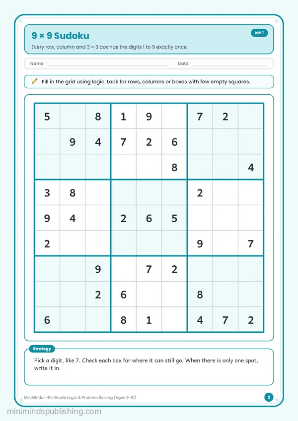 9 × 9 Sudoku — free printable 4th Grade worksheet