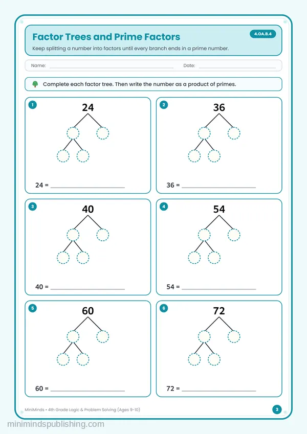 Factor Trees and Prime Factors — free printable 4th Grade worksheet