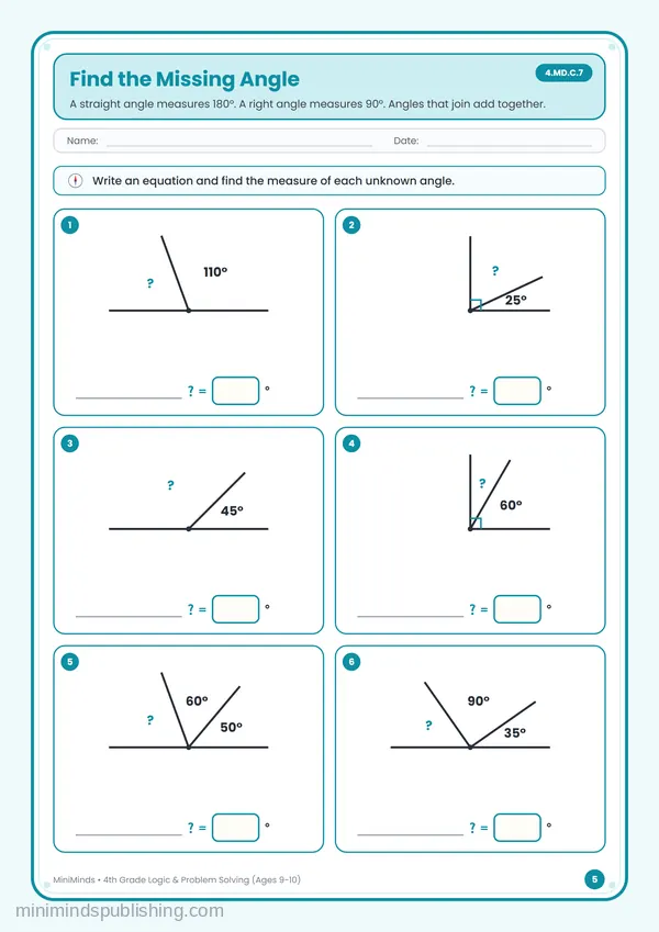 Find the Missing Angle — free printable 4th Grade worksheet