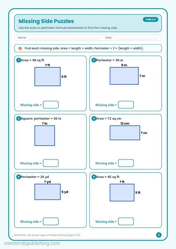 Missing Side Puzzles — free printable 4th Grade worksheet