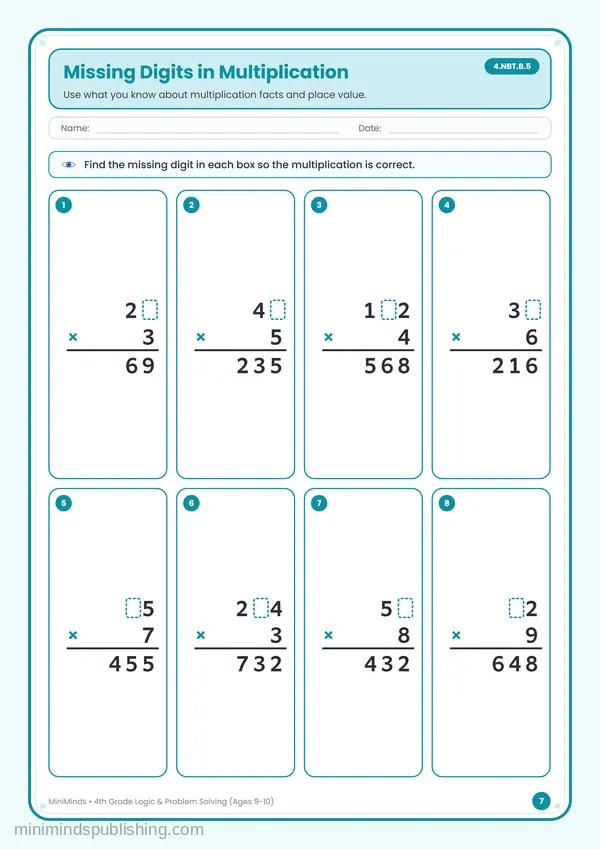 Missing Digits in Multiplication — free printable 4th Grade worksheet