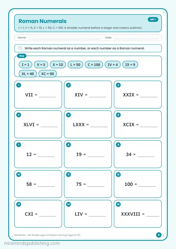 Roman Numerals — free printable 4th Grade worksheet