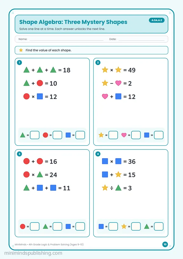 Shape Algebra: Three Mystery Shapes — free printable 4th Grade worksheet