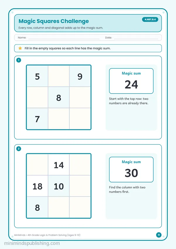 Magic Squares Challenge — free printable 4th Grade worksheet