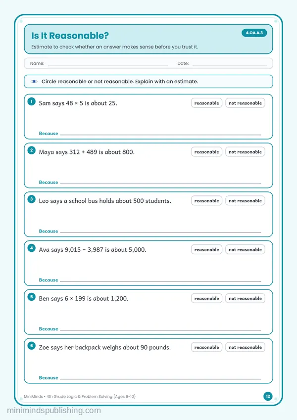 Is It Reasonable? — free printable 4th Grade worksheet