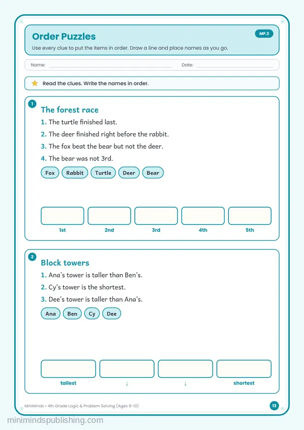 Order Puzzles — free printable 4th Grade worksheet