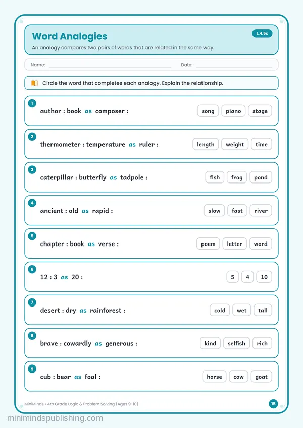 Word Analogies — free printable 4th Grade worksheet