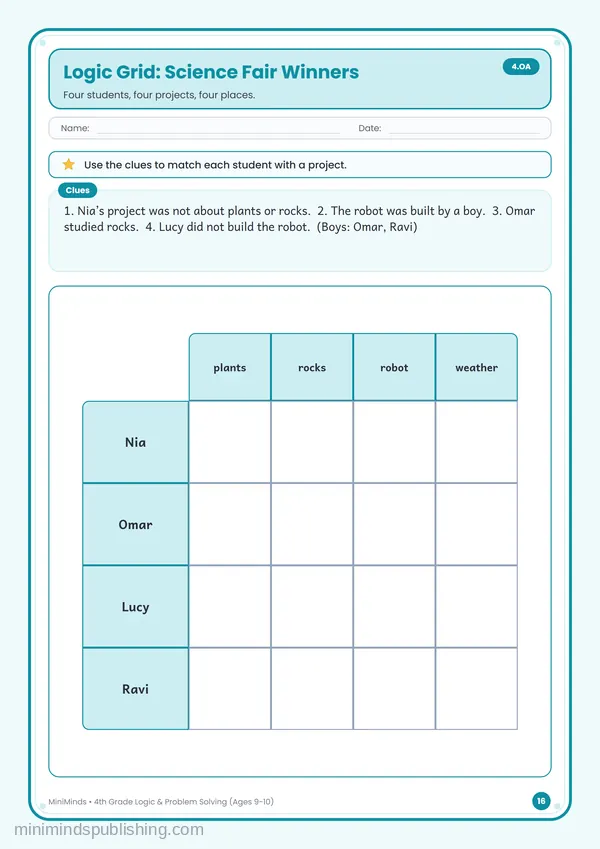Logic Grid: Science Fair Winners — free printable 4th Grade worksheet