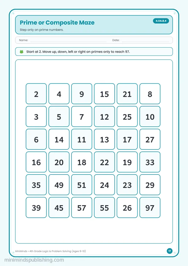Prime or Composite Maze — free printable 4th Grade worksheet
