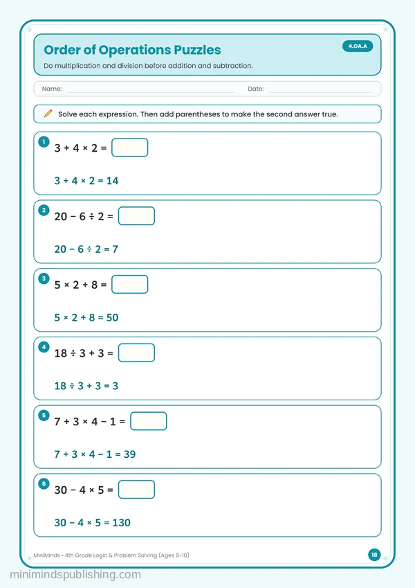 Order of Operations Puzzles — free printable 4th Grade worksheet