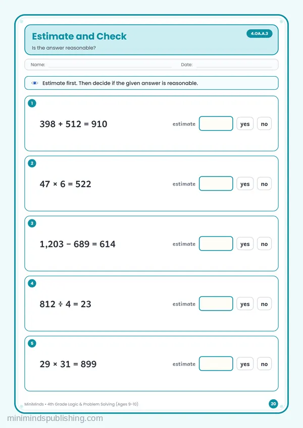 Estimate and Check — free printable 4th Grade worksheet
