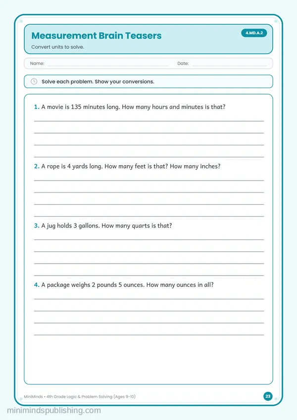 Measurement Brain Teasers — free printable 4th Grade worksheet