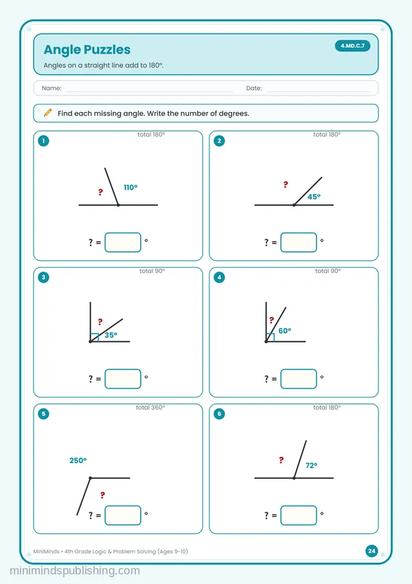 Angle Puzzles — free printable 4th Grade worksheet