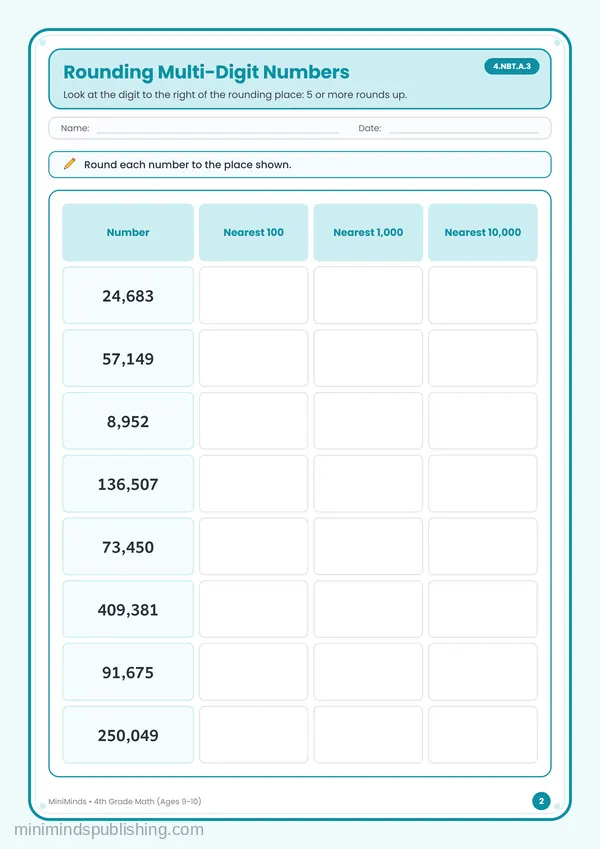 Rounding Multi-Digit Numbers — free printable 4th Grade worksheet