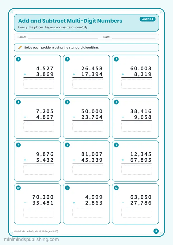 Add and Subtract Multi-Digit Numbers — free printable 4th Grade worksheet