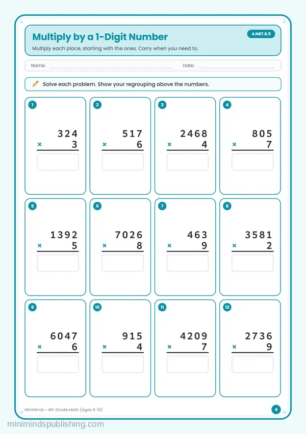 Multiply by a 1-Digit Number — free printable 4th Grade worksheet