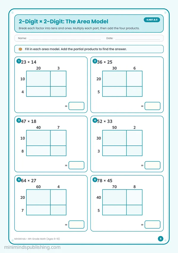 2-Digit × 2-Digit: The Area Model — free printable 4th Grade worksheet
