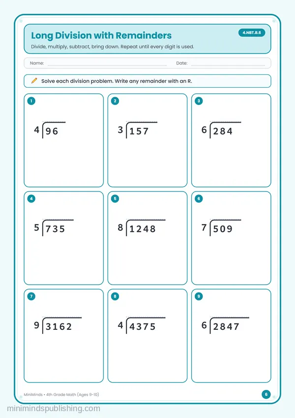 Long Division with Remainders — free printable 4th Grade worksheet