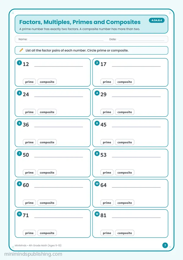Factors, Multiples, Primes and Composites — free printable 4th Grade worksheet