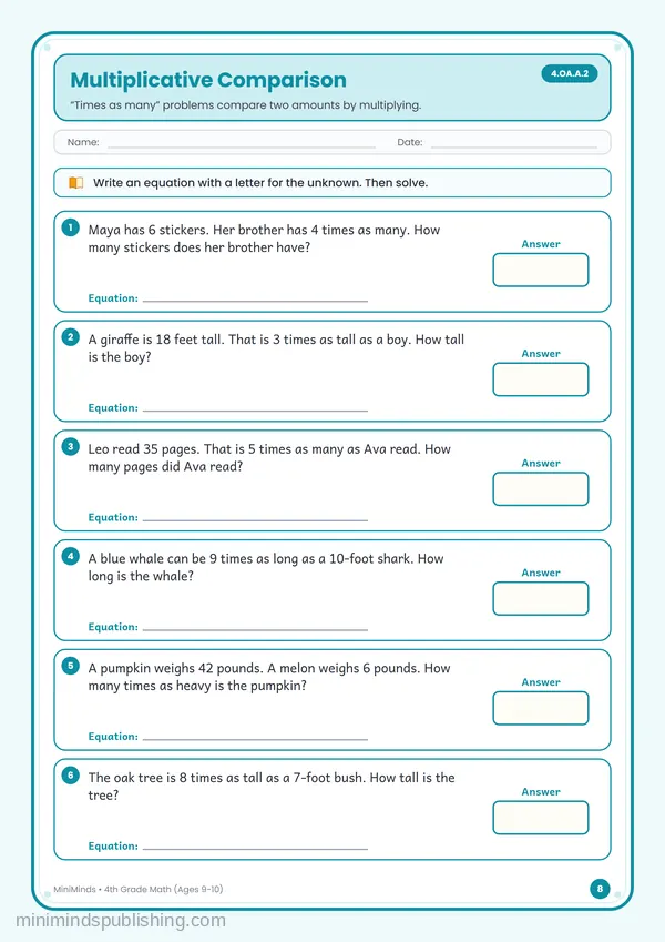 Multiplicative Comparison — free printable 4th Grade worksheet