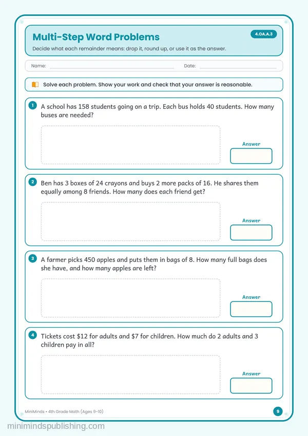 Multi-Step Word Problems — free printable 4th Grade worksheet