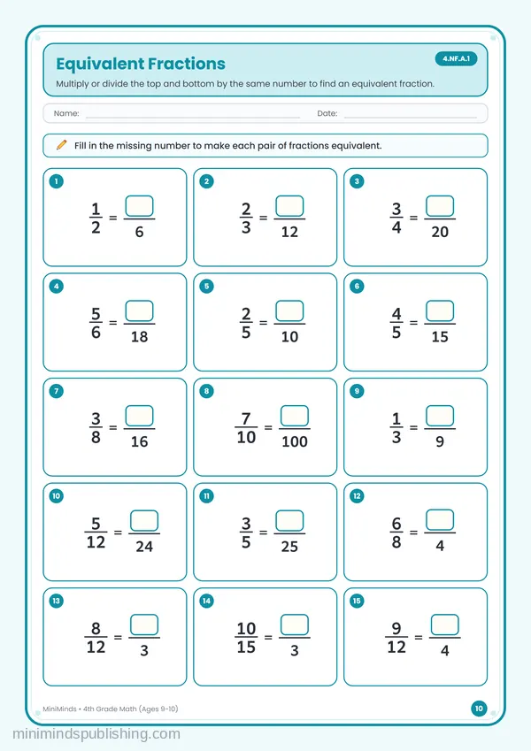 Equivalent Fractions — free printable 4th Grade worksheet