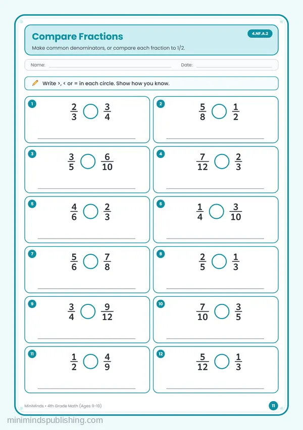 Compare Fractions — free printable 4th Grade worksheet