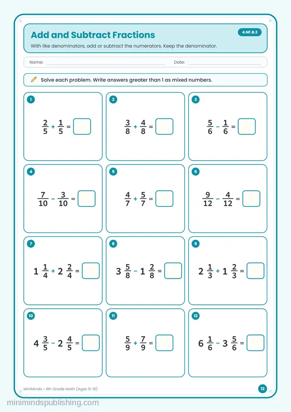 Add and Subtract Fractions — free printable 4th Grade worksheet