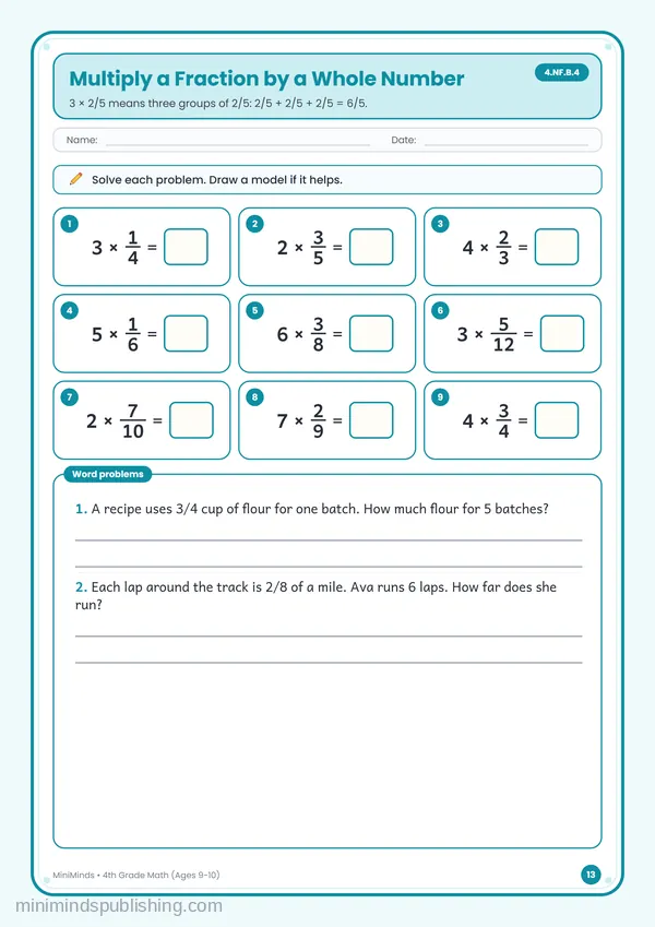 Multiply a Fraction by a Whole Number — free printable 4th Grade worksheet