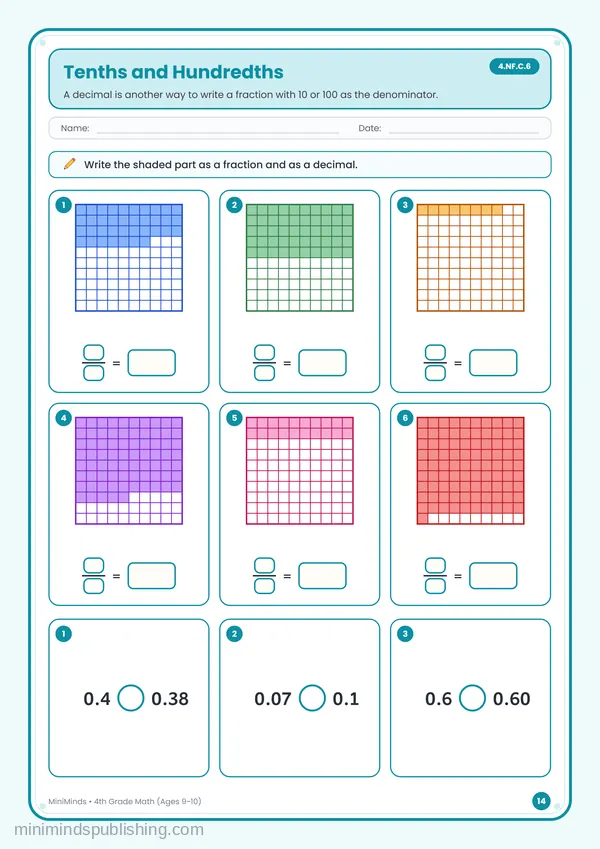 Tenths and Hundredths — free printable 4th Grade worksheet