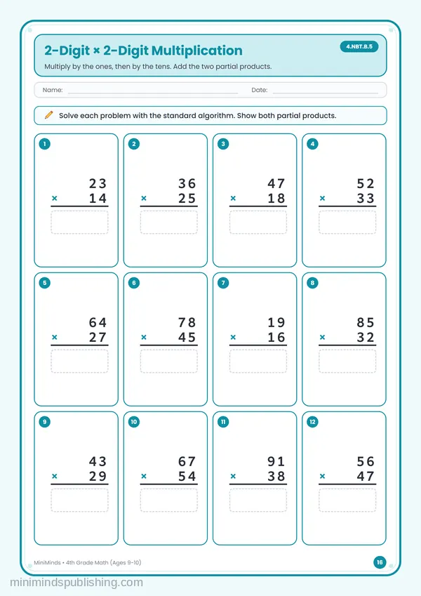 2-Digit × 2-Digit Multiplication — free printable 4th Grade worksheet