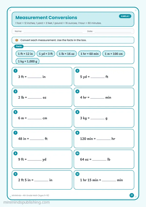 Measurement Conversions — free printable 4th Grade worksheet