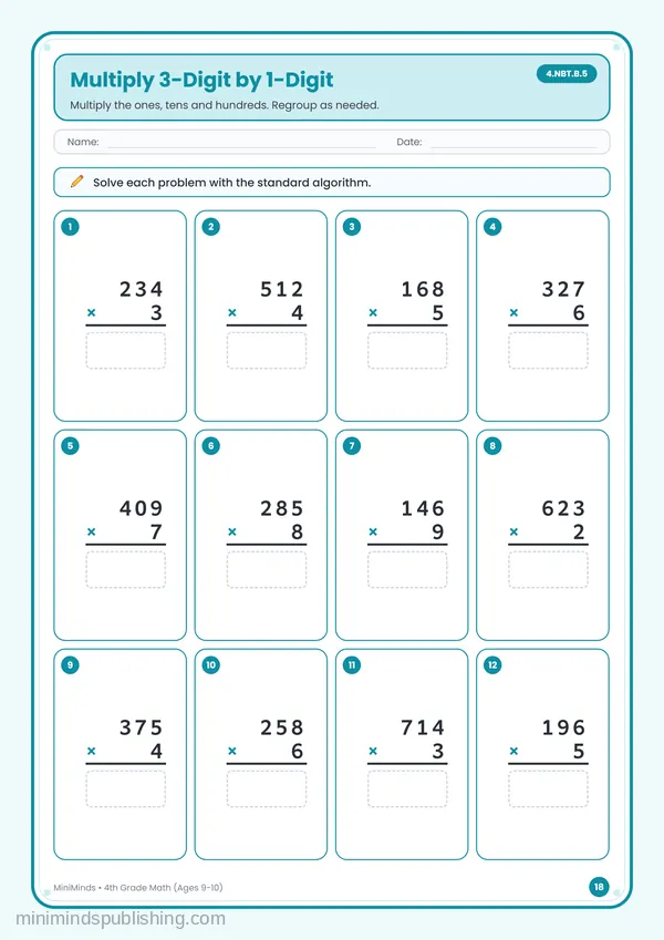 Multiply 3-Digit by 1-Digit — free printable 4th Grade worksheet