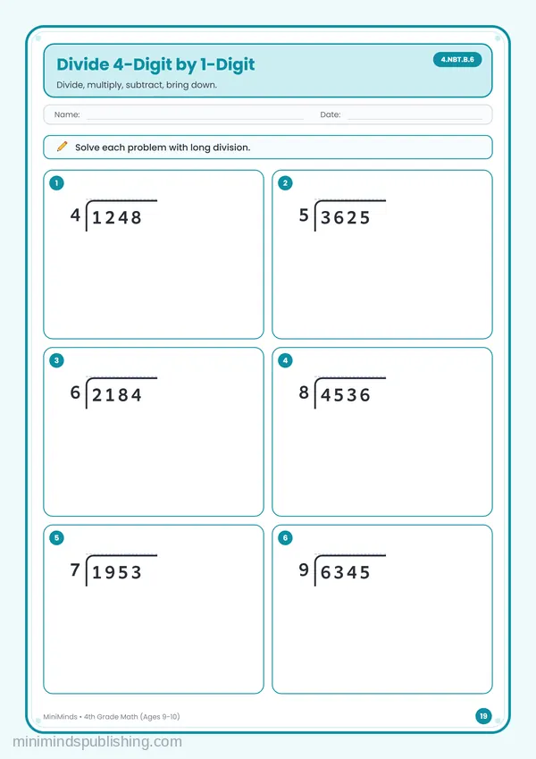 Divide 4-Digit by 1-Digit — free printable 4th Grade worksheet