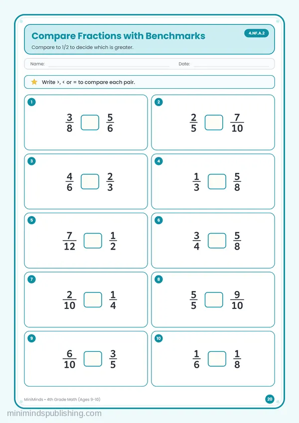 Compare Fractions with Benchmarks — free printable 4th Grade worksheet