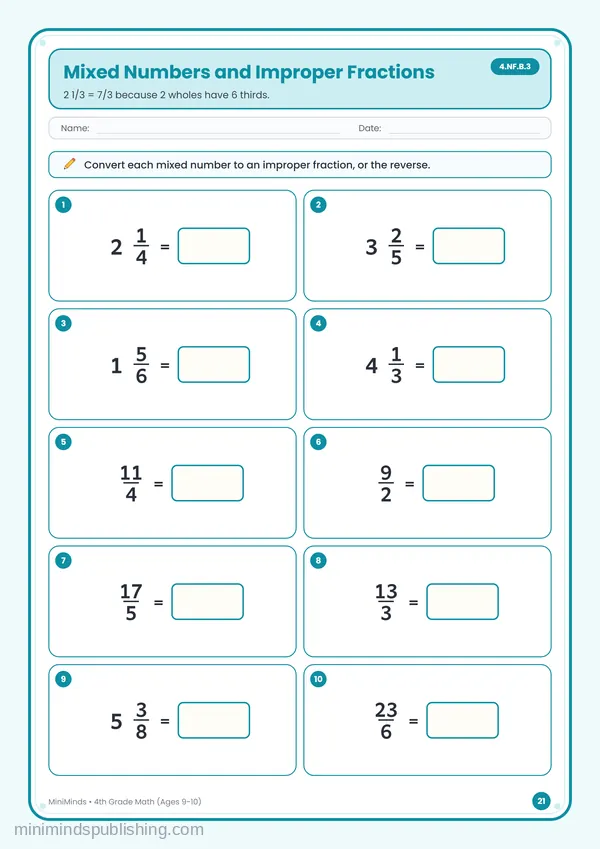 Mixed Numbers and Improper Fractions — free printable 4th Grade worksheet