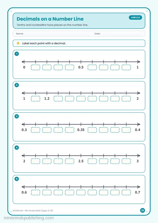 Decimals on a Number Line — free printable 4th Grade worksheet