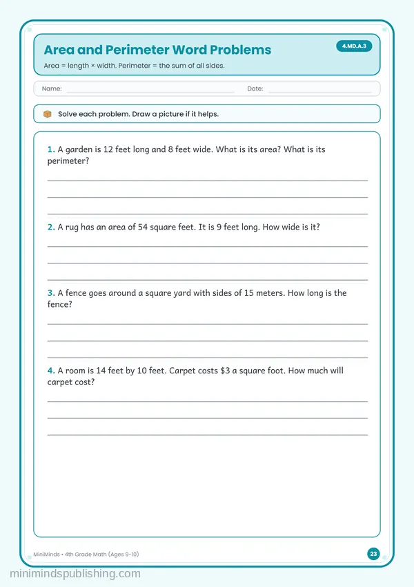 Area and Perimeter Word Problems — free printable 4th Grade worksheet